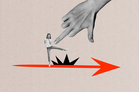 Exclusive art banner collage of excited businesswoman stand arrow development hand show gesture pressure aimの写真素材