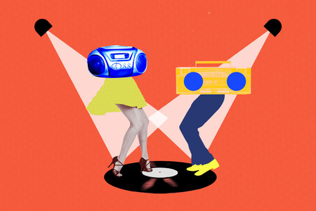 Sketch design trend artwork poster 3D photo collage of carefree occasion night clubber weekend couple body man lady legs dance boomboxの写真素材
