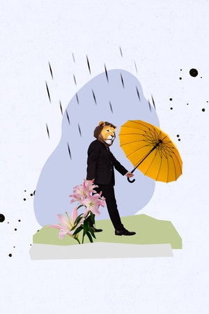 3D photo collage template trend artwork composite of florist flower spring season plant rainy weather man head walk umbrella protectの写真素材