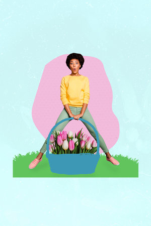 Vertical sketch 3d artwork collage poster of shocked american girl hold tulips basket park walk...