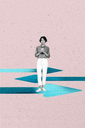 Art image vertical photo collage of happy businesswoman hold phone arrow development statistics...