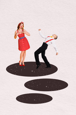 Composite collage trend artwork design of couple young lady man dance together pinup expression...