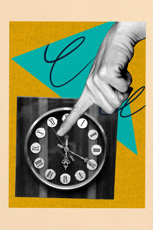 Vertical 3d artwork collage of hand show index finger countdown clock expire limit time schedule management early morningの写真素材