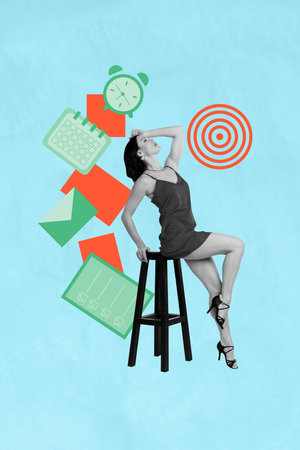 Vertical sketch 3d collage poster of serious businesswoman sit chair workload tension mail icon deadline alarm calendar to do taskの写真素材