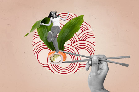 Creative photo collage trend template of japan culture texture element hand hold chopsticks young lady stand sushi dance music headphonesの写真素材