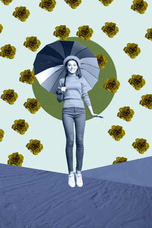 Poster image vertical photo collage of happy girl jump umbrella spring weather forecast daisy rain meteorology march holidayの写真素材