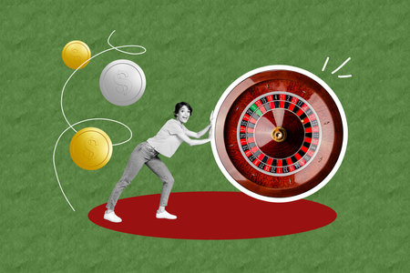Composite sketch image design trend artwork collage of young lady walk hand hold roulette gambling...