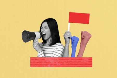 Photo collage template trend artwork of demonstration placard strong vote opinion young woman talk...