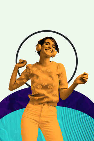 Exclusive image vertical photo collage of happy girl listen music headphones dance disco occasion chill entertainment relax partyの写真素材