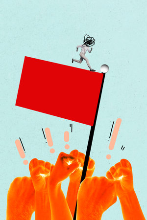 Poster image vertical photo collage of anonym man scribble head run flagpole agitation rights power...