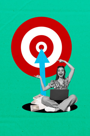 3D collage design composite artwork sketch of young lady sit arrow up hold laptop smile money dollars recruitment manager human resourcesの写真素材