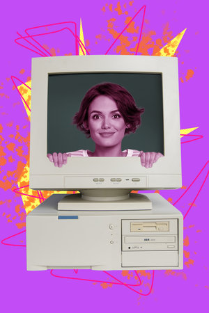 Trend artwork sketch design montage 3D collage of young lady appear computer monitor obsolete smile portrait workspace managerの写真素材