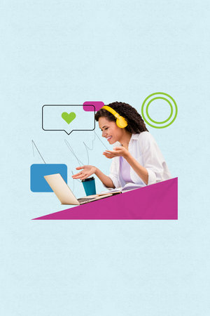 3d vertical image artwork collage of happy american girl speak laptop video call heart notification...