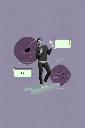 Poster image vertical photo collage of happy guy hold phone cursor arrow click heart notification...