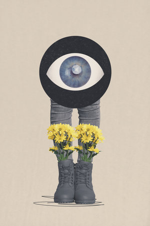 Trendy art creative vertical photo collage of bodyless human stand legs chrysanthemum flower bouquet eyeball look observerの写真素材