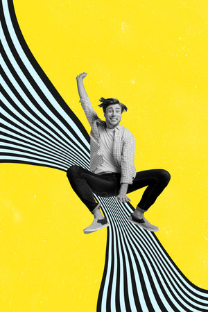 Poster photo vertical collage of happy guy jump striped art inspiration fun conceptの写真素材