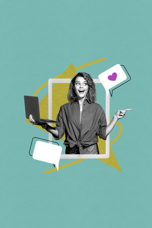 Vertical image poster photo collage of happy girl blogger hold laptop peek tablet screen like...
