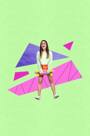 Exclusive image vertical photo collage of happy girl hold skateboard stand colorful skate-park hipster activity leisure sportの写真素材