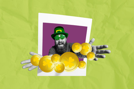 Creative instant picture composite photo collage of funny man in clover glasses give you coins from frame isolated on paper backgroundの写真素材