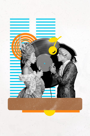 Exclusive image vertical photo collage of two happy girl guy wear count duchess costume masquerade party karaoke mic singerの写真素材