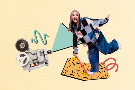 Trend artwork composite banner 3D photo collage of camera film record hobby shooting camera obsolete tool young lady skateboard outdoorsの写真素材