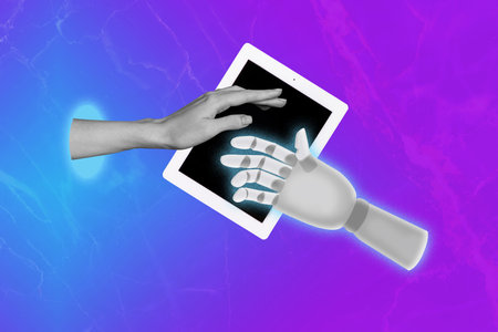 Composite trend artwork 3D sketch image photo collage of cyberspace ai bot virtual anonymous hand gesture connection deal tablet displayの写真素材