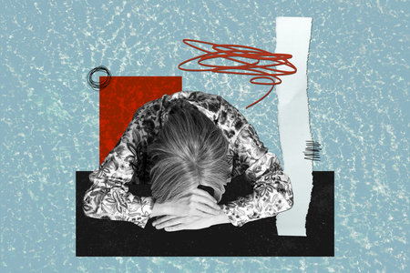 Composite trend artwork 3D sketch image photo collage of red black white color aged lady lying down hand table tired sleep mind think messの写真素材