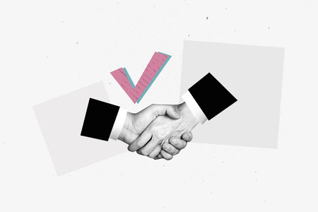 Trend artwork banner sketch 3D photo collage of showing gesture finger body language hand hold together handshake success partnership dealの写真素材