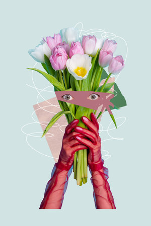 Composite sketch design artwork 3D photo collage of woman day plant blossom springtime nature hand glove hold bouquet tulip eyes watchの写真素材
