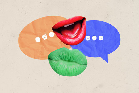 Contemporary art collage of happy mouth show lips colorful bubble communication speech chatterbox notificationの写真素材