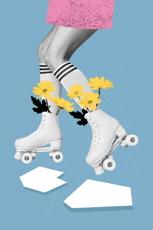 Artwork photo vertical collage of anonym girl wear retro roller-skates chrysanthemum flower bloom spring season bouquet activityの写真素材