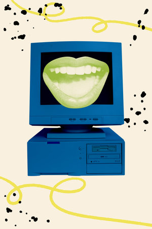 Trend image vertical photo collage of mouth smile app inside retro pc monitor screen