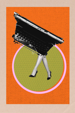 Exclusive image vertical photo collage of anonym girl legs step typewriter machine author retro tool typescript storytellingの写真素材