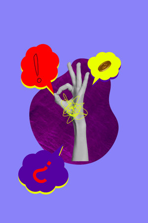 Vertical art trend collage of hands show okay gesture warning exclamation mark question bubble bankruptcy coin usd capital scribbleの写真素材