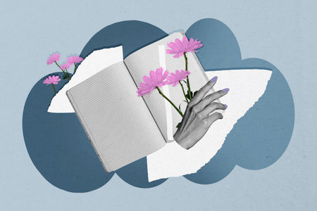 artwork sketch design montage 3D collage of open copybook page hand hold flower bouquet day plant season bloom botanicalの写真素材