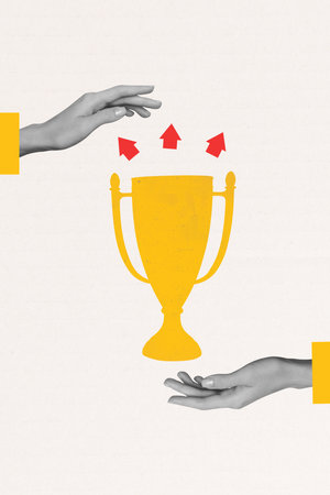 Art image vertical photo collage of hands show golden goblet prize award arrow development progress...