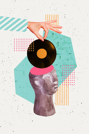 Vertical art trend collage of hand hold retro vinyl disk meloman track clay dummy sculpture listen player disco occasion weekendの写真素材