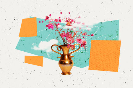 3d sketch poster trend collage image of old-fashioned vase wildflower bloom branch decoration spring bunch season holidayの写真素材