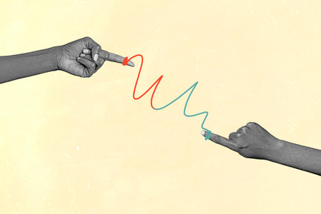 Contemporary art sketch banner collage of business people index fingers hold colorful ribbon solve...