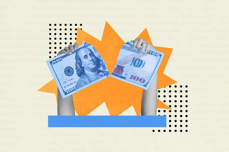 Contemporary art collage of businessman hands tear dollar banknote money half inflation usd capital...