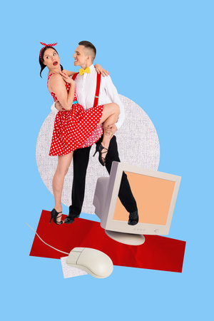 Template collage design trend artwork sketch of computer monitor dynamic dance choreography grace professional performer couple lady manの写真素材