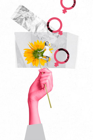 Sketch template design 3D photo collage composite of international woman day female symbol young lady stand hand sunflower spring seasonの写真素材