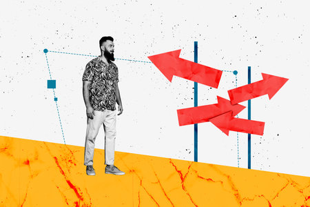 Creative artwork template sketch image collage of young man stand many arrow different achievement...