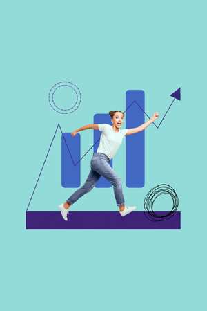 Creative vertical art photo collage of happy businesswoman run arrow development chart statistics progress persistence goalの写真素材