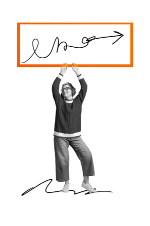 Exclusive art banner collage of happy old woman wear headphones listen music hold placard demonstration arrow scribbleの写真素材