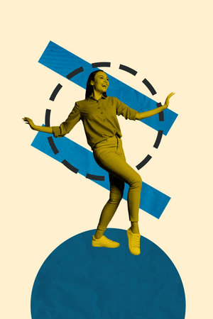 Vertical sketch 3d collage poster of happy girl dance relax party concert performance celebration music entertainment eventの写真素材