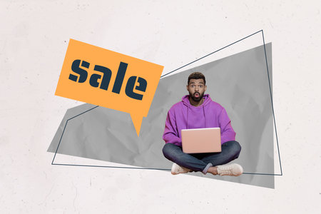 Creative sketch image art collage of shocked american man hold laptop receive notification sale black friday bargain consumerismの写真素材