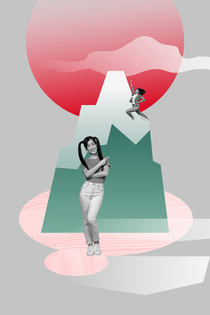 Trend artwork sketch design montage 3D collage of young lady stand finger point woman climb up mountain chinese culture oriental traditionの写真素材