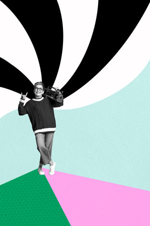 Poster image art vertical photo collage of happy old woman show rock roll gesture hold retro boombox meloman hit celebrationの写真素材