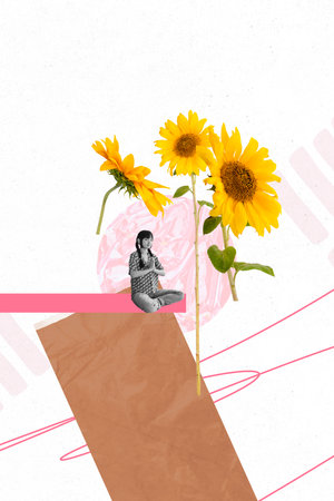 Template sketch trend artwork 3D photo collage of young lady sit down meditate sunflower springtime plant woman day holidayの写真素材